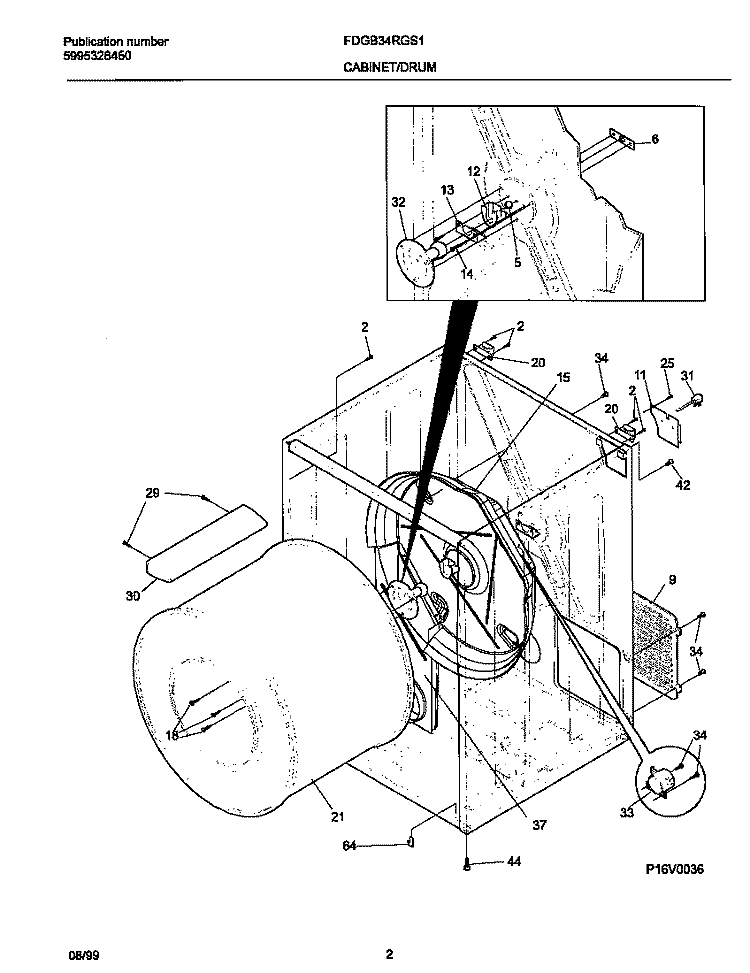 P16V0036 DRY CAB, HEATER Diagram and Parts List for FDGB34RGS1  Frigidaire Dryer