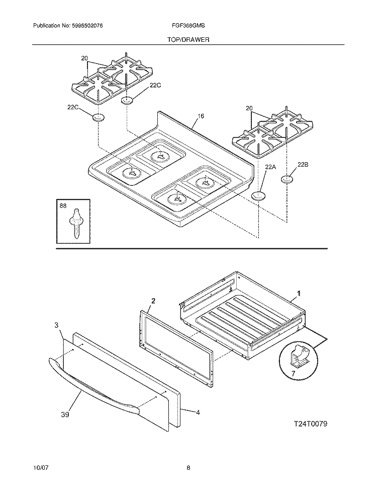TOP / DRAWER Diagram and Parts List for FGF368GMB  Frigidaire Range