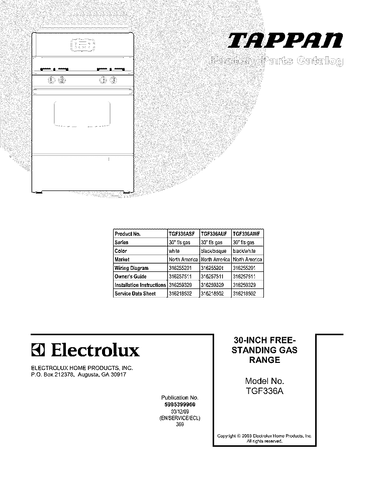 COVER Diagram and Parts List for TGF336ASF  Tappan Range