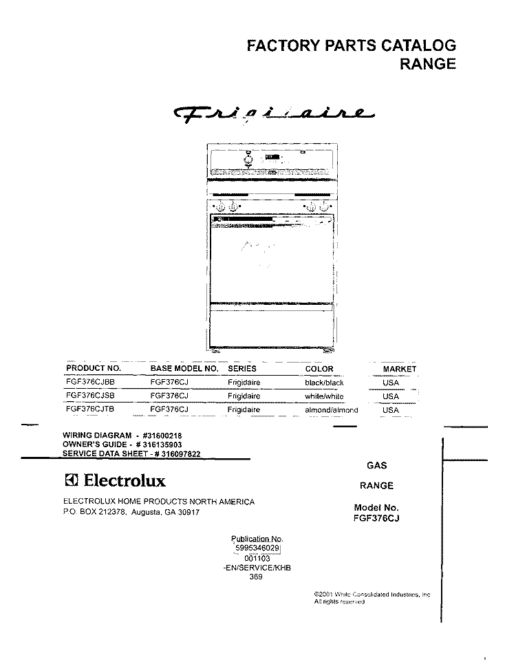 COVER Diagram and Parts List for FGF376CJTB  Frigidaire Range