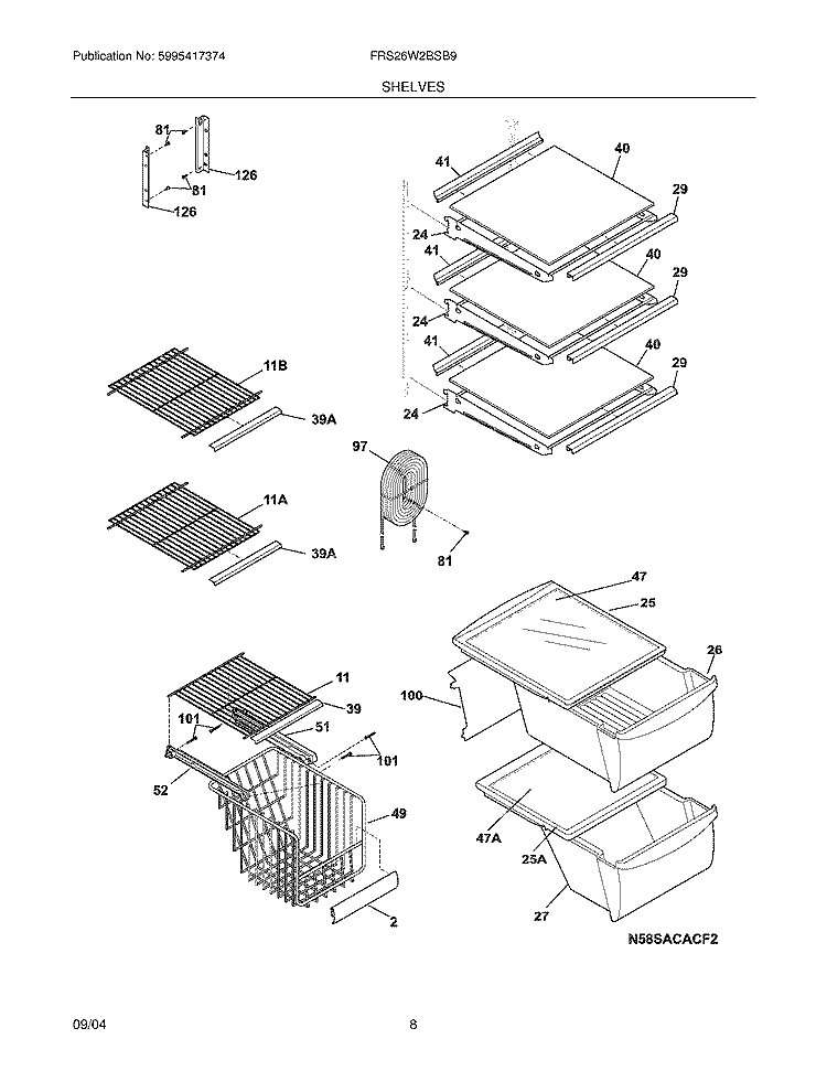 SHELVES Diagram and Parts List for FRS26W2BSB9  Frigidaire Refrigerator