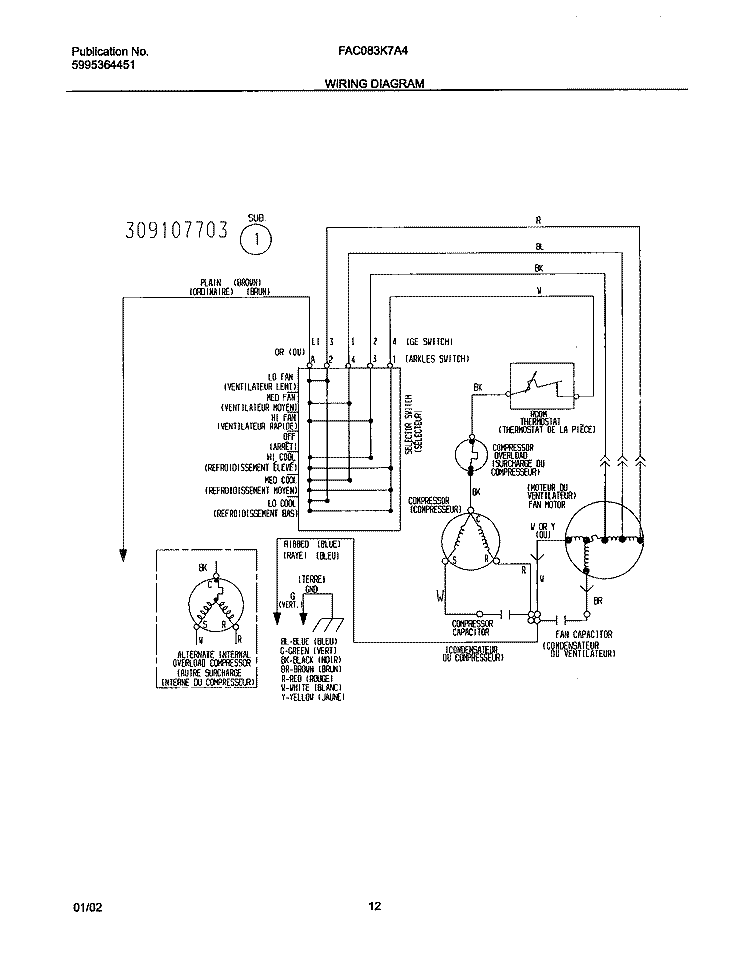 WIRING DIAGRAM Diagram and Parts List for FAC083K7A4  Frigidaire Air Conditioner