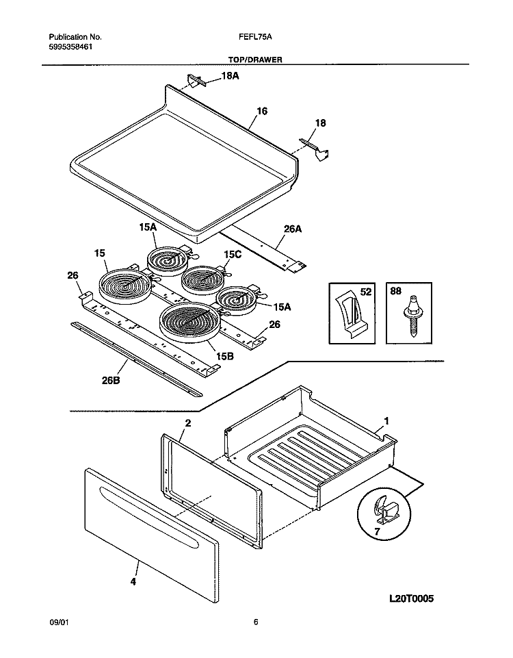 TOP / DRAWER Diagram and Parts List for FEFL75ASA  Frigidaire Range