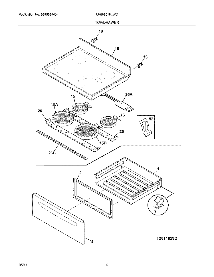 TOP/DRAWER Diagram and Parts List for LFEF3018LWC  Frigidaire Range