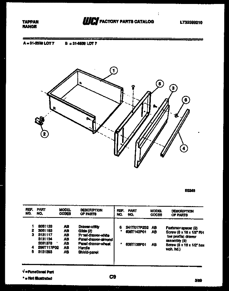 DRAWER PARTS Diagram and Parts List for 31-2538-23-07  Tappan Range