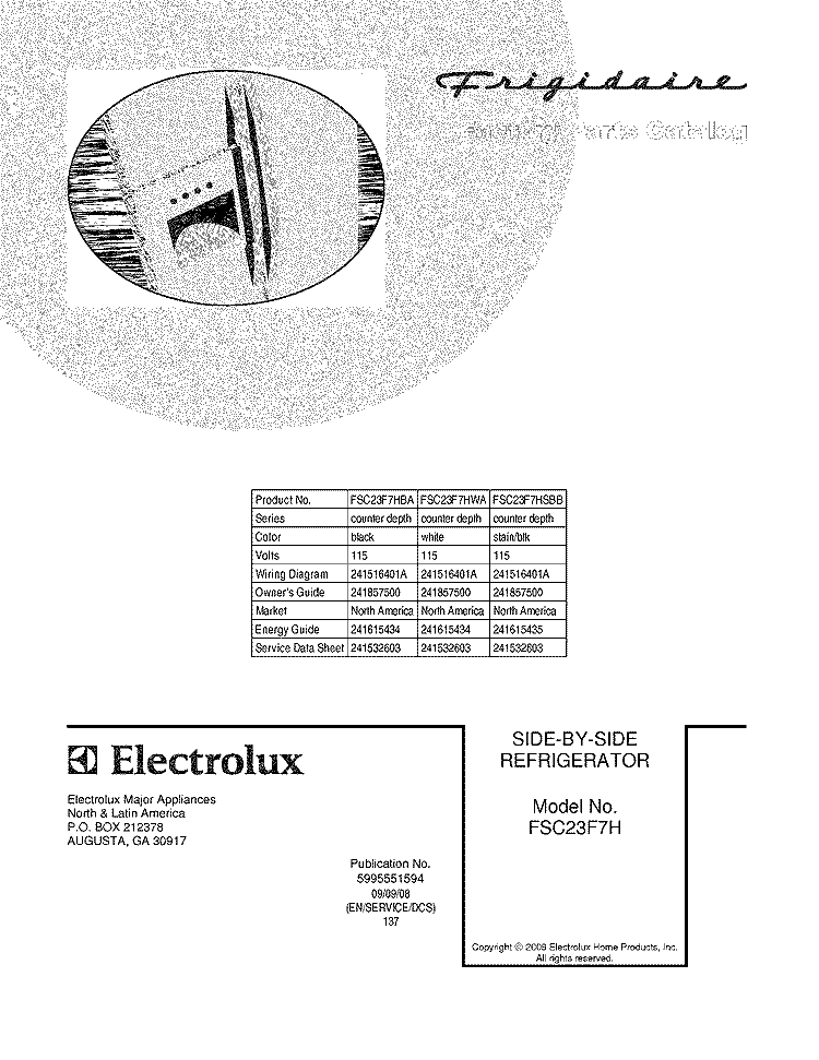 COVER Diagram and Parts List for FSC23F7HWA  Frigidaire Refrigerator