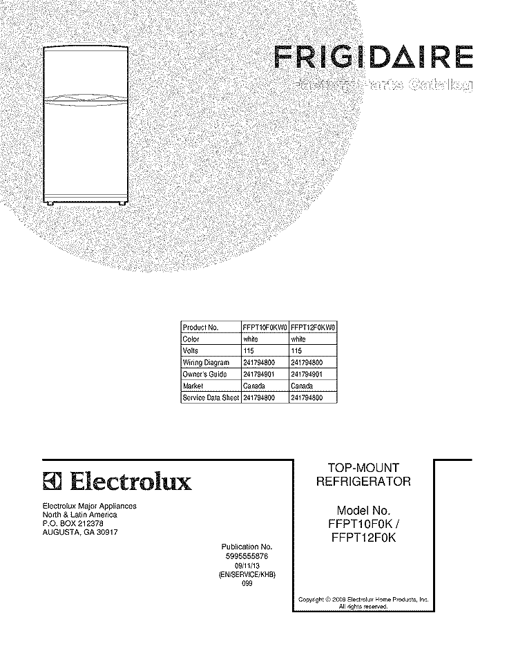 COVER Diagram and Parts List for FFPT10F0KW0  Frigidaire Refrigerator