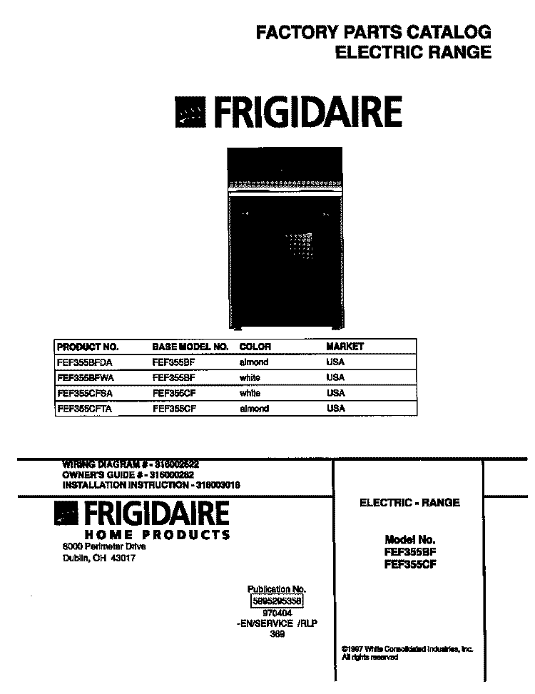 COVER Diagram and Parts List for FEF355CFSA  Frigidaire Range