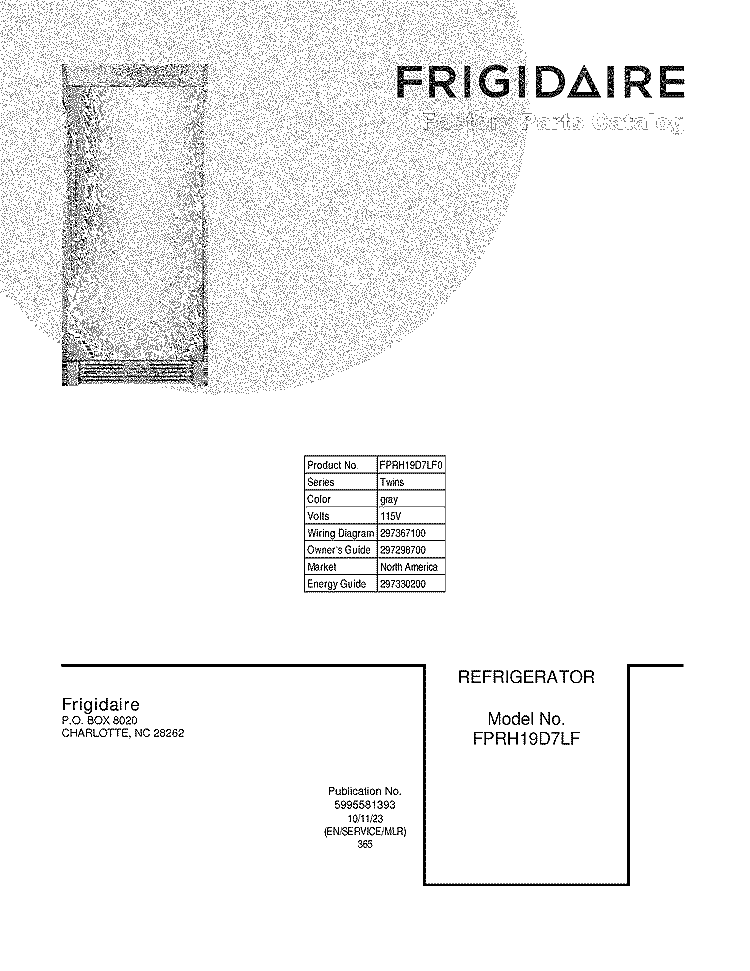 COVER Diagram and Parts List for FPRH19D7LF0  Frigidaire Refrigerator