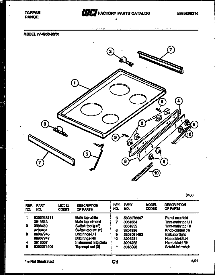 COOKTOP PARTS Diagram and Parts List for 77-4950-00-01  Tappan Range