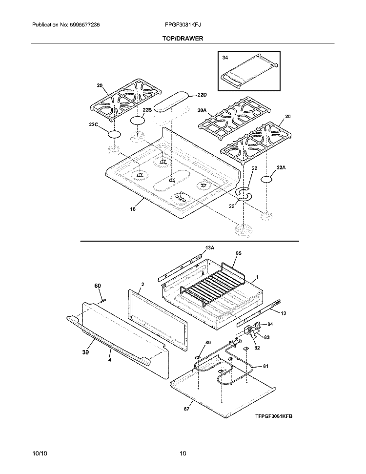TOP/DRAWER Diagram and Parts List for FPGF3081KFJ  Frigidaire Range