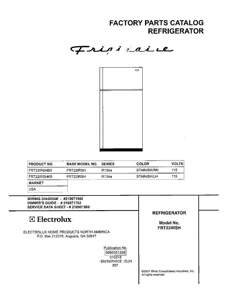 COVER Diagram and Parts List for FRT22IRSHB5  Frigidaire Refrigerator