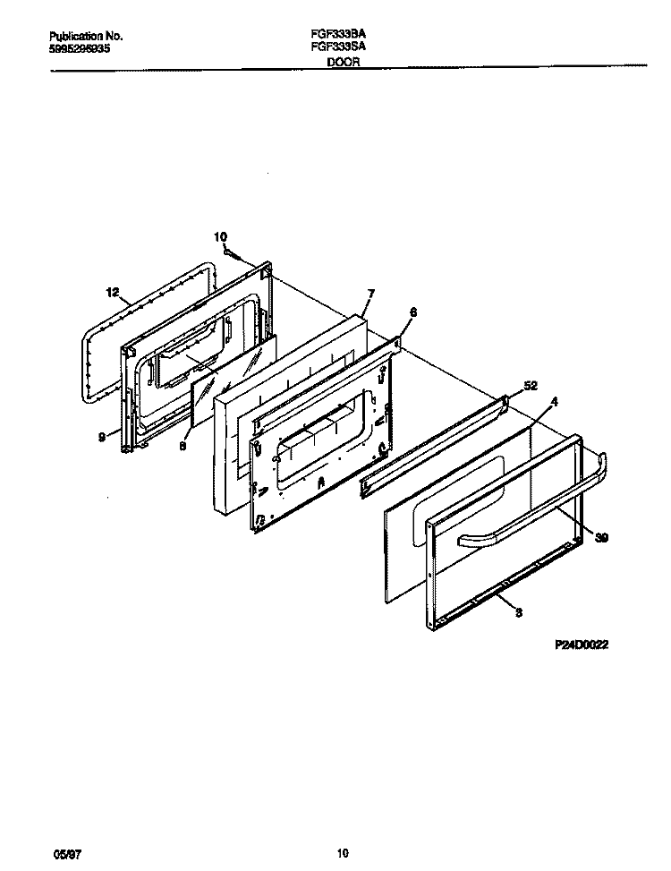DOOR Diagram and Parts List for FGF333BAWG  Frigidaire Range
