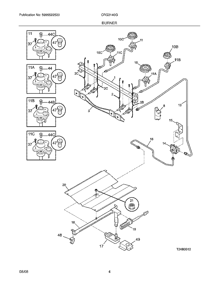 BURNER Diagram and Parts List for CRG3140GBBD  Crosley Range