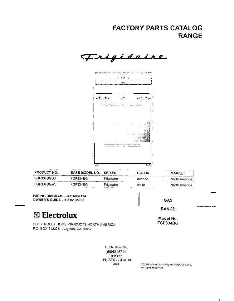 COVER Diagram and Parts List for FGF334BGWJ  Frigidaire Range