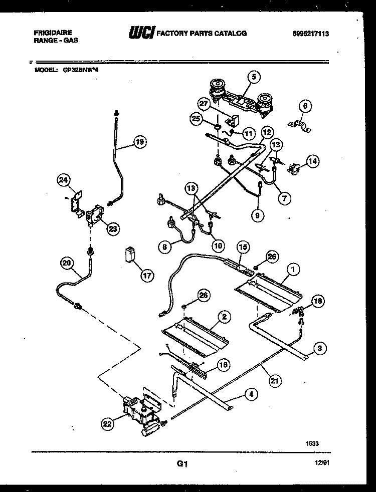 BURNER, MANIFOLD AND GAS CONTROL Diagram and Parts List for GP32BNL4  Frigidaire Range
