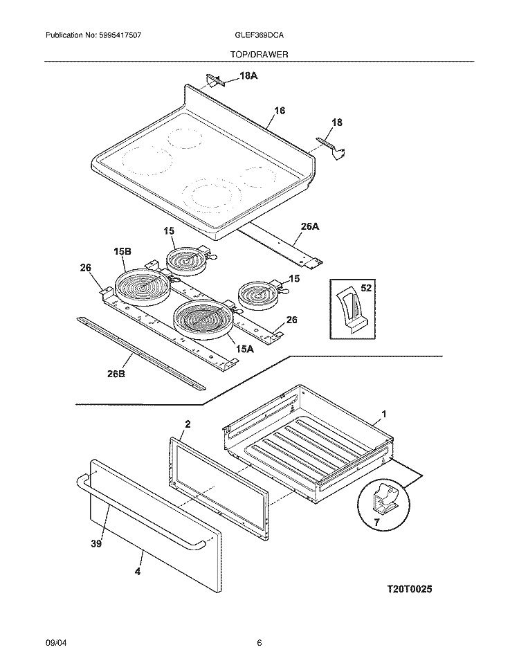 TOP / DRAWER Diagram and Parts List for GLEF369DCA  Frigidaire Range
