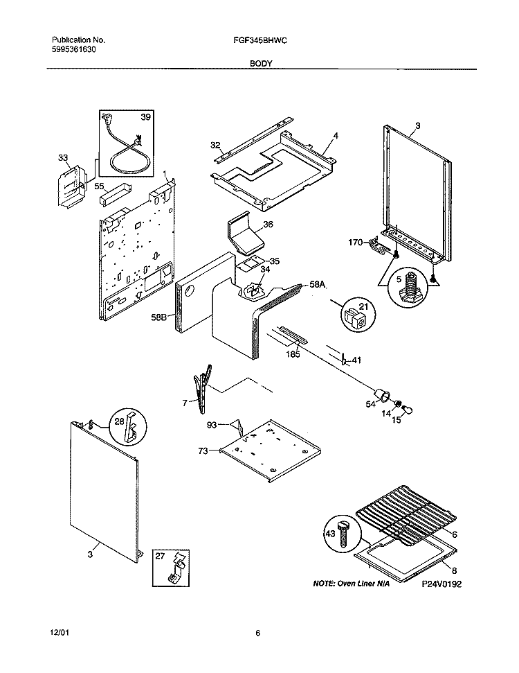 BODY Diagram and Parts List for FGF345BHWC  Frigidaire Range