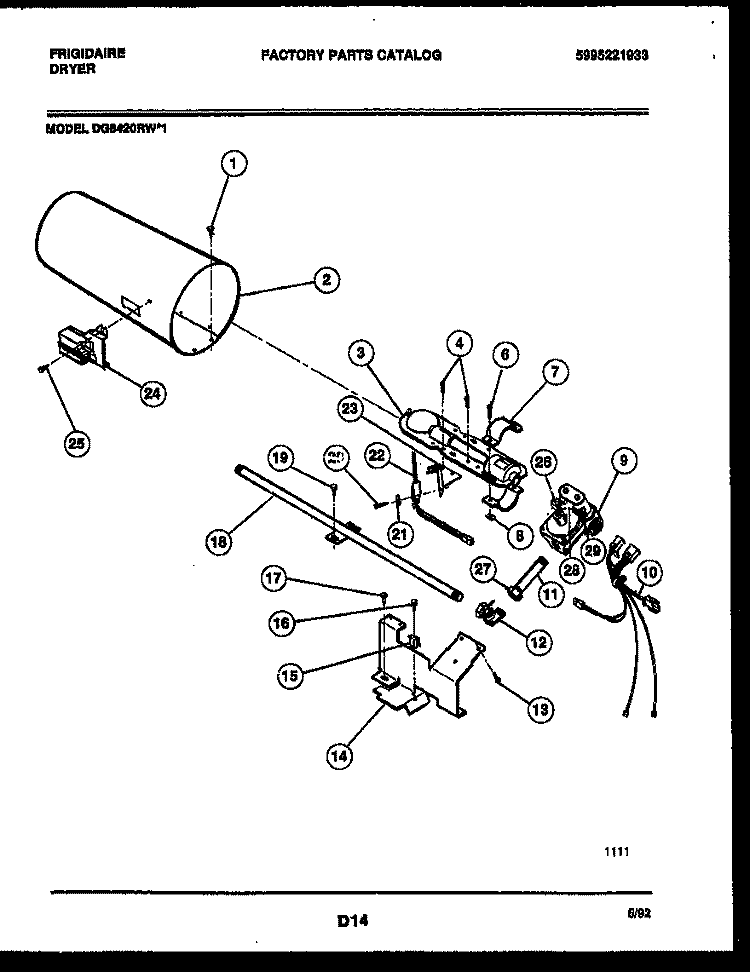 BURNER, IGNITER AND VALVE Diagram and Parts List for DG6420RW1  Frigidaire Dryer