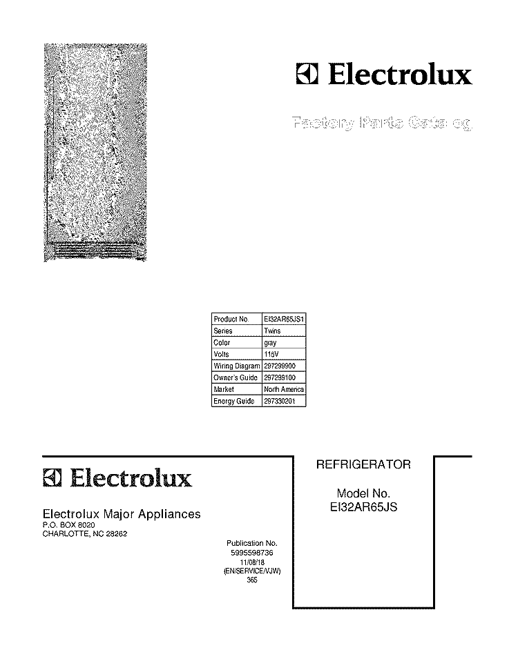 COVER Diagram and Parts List for EI32AR65JS1  Electrolux Refrigerator