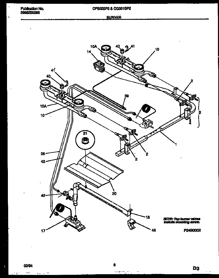 BURNER, MANIFOLD AND GAS CONTROL Diagram and Parts List for CG300SP2W3  Frigidaire Range