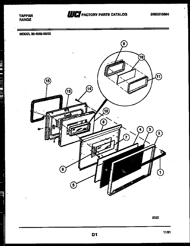 DOOR PARTS Diagram and Parts List for 30-4989-00-03  Tappan Range