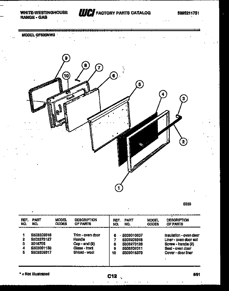 DOOR PARTS Diagram and Parts List for GF830ND2  Frigidaire Range