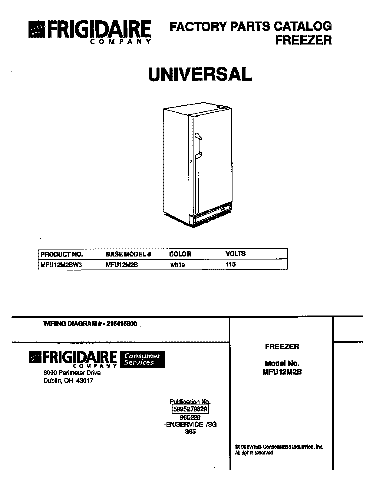 COVER Diagram and Parts List for MFU12M2BW3  Frigidaire Freezer