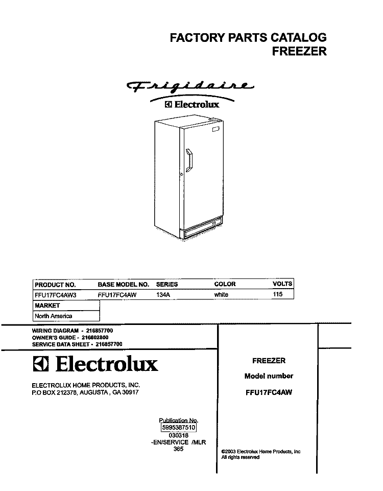 COVER Diagram and Parts List for FFU17FC4AW3  Frigidaire Freezer