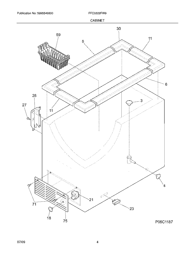 CABINET Diagram and Parts List for FFC0522FW9  Frigidaire Freezer