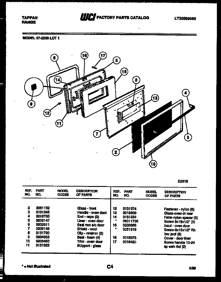 DOOR PARTS Diagram and Parts List for 37-2539-00-01  Tappan Range