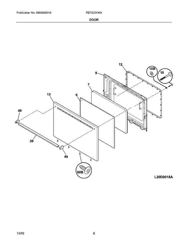 DOOR Diagram and Parts List for FEF303KWA  Frigidaire Range
