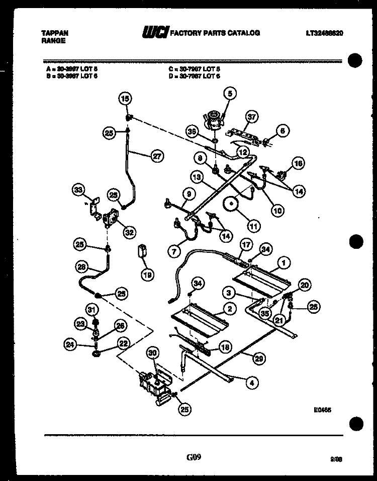 BURNER, MANIFOLD AND GAS CONTROL Diagram and Parts List for 30-3987-23-06  Tappan Range