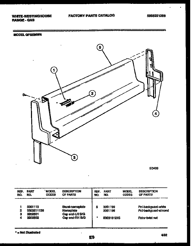 BACKGUARD Diagram and Parts List for GF620ND4  Frigidaire Range