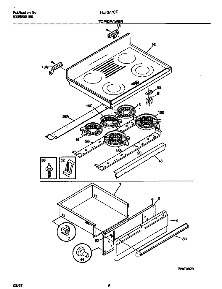 TOP / DRAWER Diagram and Parts List for FEF377CFBA  Frigidaire Range