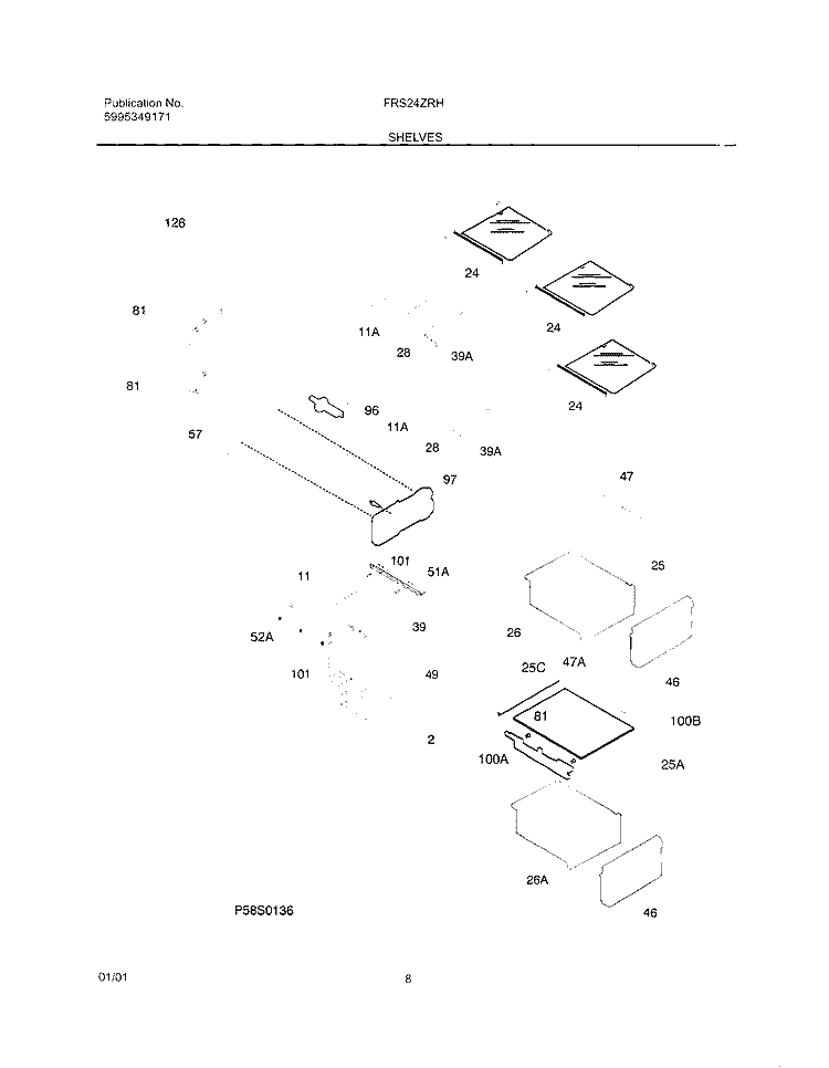 SHELVES Diagram and Parts List for FRS24ZRHB5  Frigidaire Refrigerator