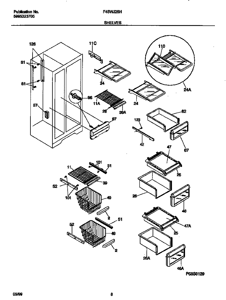 SHELVES Diagram and Parts List for F45WJ26HW1  Frigidaire Refrigerator