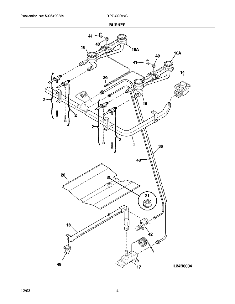 BURNER Diagram and Parts List for TPF303BWB  Tappan Range
