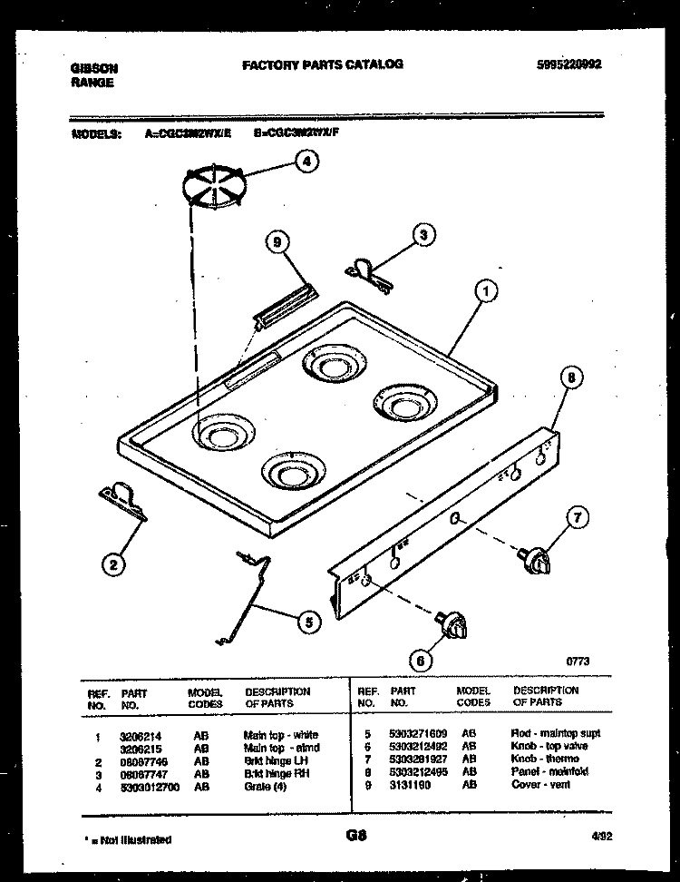 COOKTOP PARTS Diagram and Parts List for CGC3M2WXE  Gibson Range