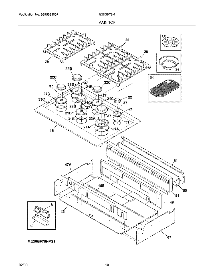 MAINTOP Diagram and Parts List for E36GF76HPS2  Electrolux Range