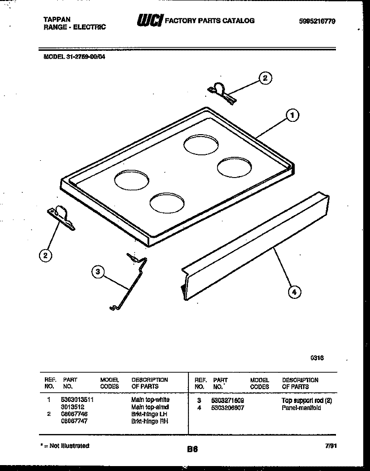 COOKTOP PARTS Diagram and Parts List for 31-2759-00-04  Tappan Range
