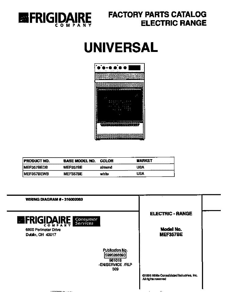 COVER Diagram and Parts List for MEF357BEDB  Frigidaire Range