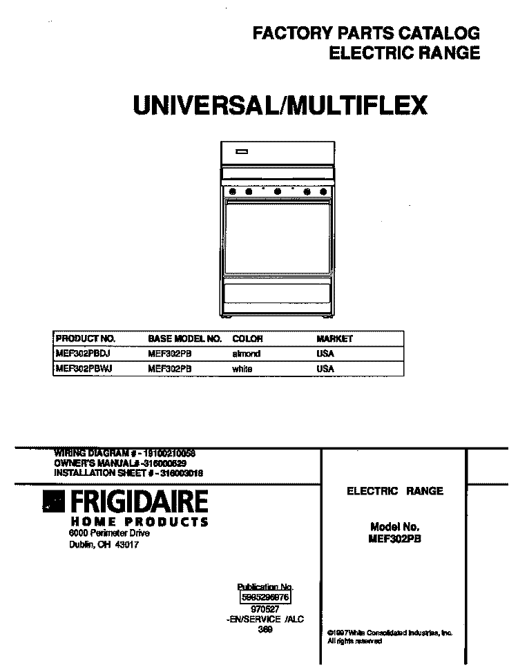 COVER Diagram and Parts List for MEF302PBWJ  Frigidaire Range