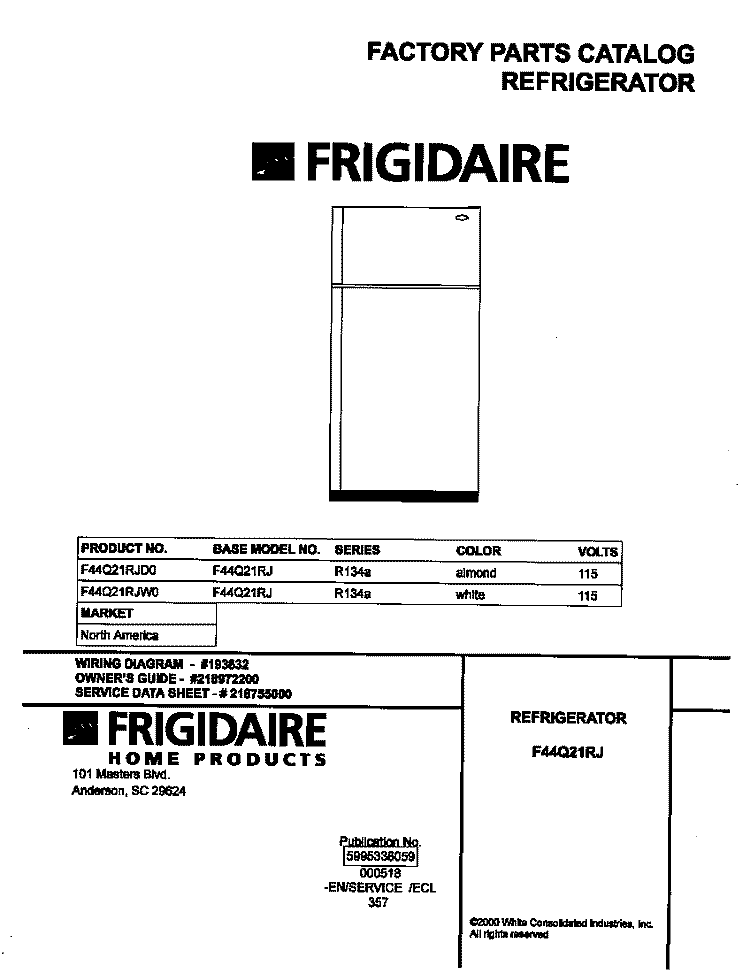 COVER Diagram and Parts List for F44Q21RJD0  Frigidaire Refrigerator