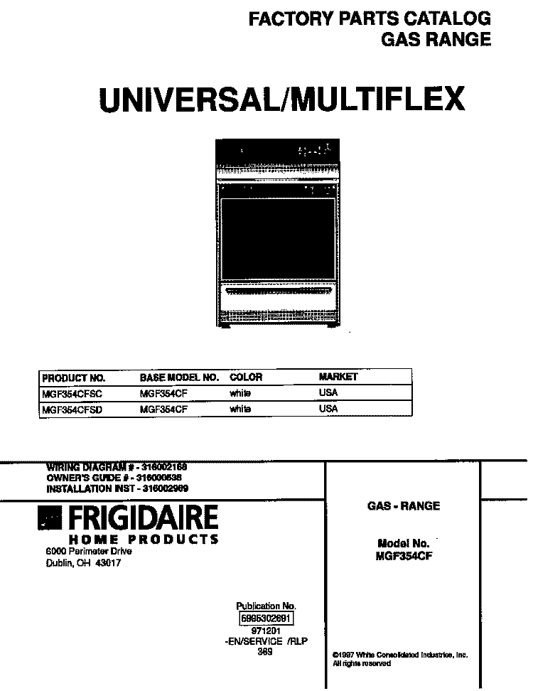 COVER Diagram and Parts List for MGF354CFSD  Frigidaire Range