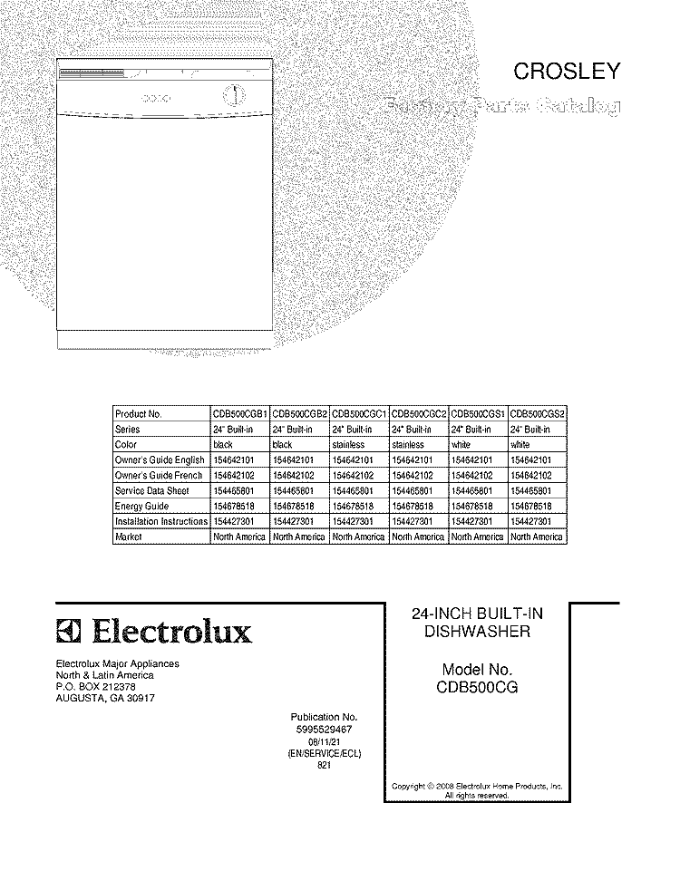 COVER Diagram and Parts List for CDB500CGC2  Crosley Dishwasher