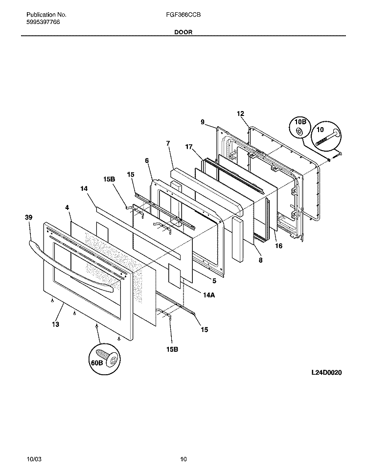 DOOR Diagram and Parts List for FGF366CCB  Frigidaire Range
