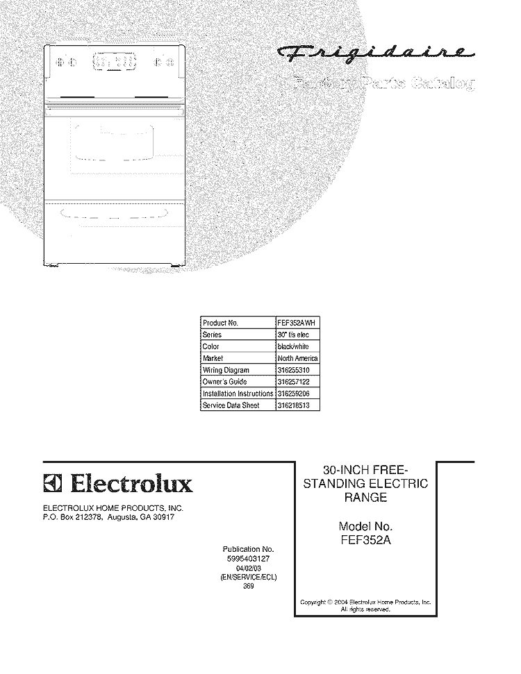 COVER Diagram and Parts List for FEF352AWH  Frigidaire Range
