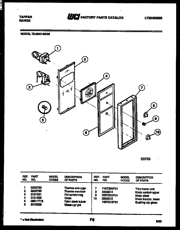 CONTROL PANEL Diagram and Parts List for 72-2547-00-08  Tappan Range