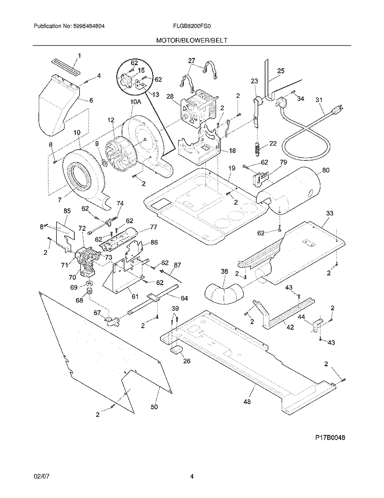 MOTOR / BLOWER / BELT Diagram and Parts List for FLGB8200FS0  Frigidaire Washer Dryer Combo